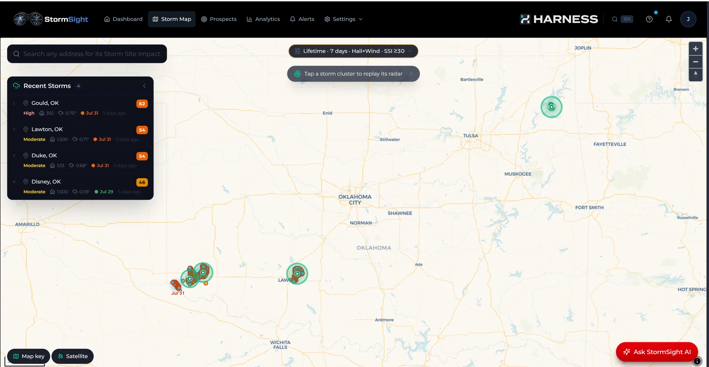 Statewide Oklahoma storm map: the Recent Storms rail ranks Gould (62), Lawton (54), Duke (54) and Disney (46) with properties affected, peak hail size and age, beside storm clusters each carrying a radar-replay button